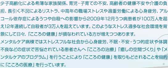 少子高齢化による希薄な家族関係、育児・子育ての不安、高齢者の健康不安や介護の負担、長引く不況によるリストラ、中高年の職場ストレスや過重労働による心身疲労、アルコール依存症によるうつや自殺への影響から2009年12月うつ病患者が100万人を超え12年連続して自殺者が3万人を超えています。このようなストレス過多な社会環境を背景にして日々、「こころの健康」が損なわれている方が増えつつあります。メンタルケア病棟ではストレスフルな社会から心身疲労、不眠・不安・うつ的症状や体調不良などの症状で苦悩されている患者さんへ「こころの治療」「癒しの空間づくり」や「メンタルケアのプログラム」を行うことにより「こころの健康」を取りもどされることを目的に「こころの医療」を行っています。 